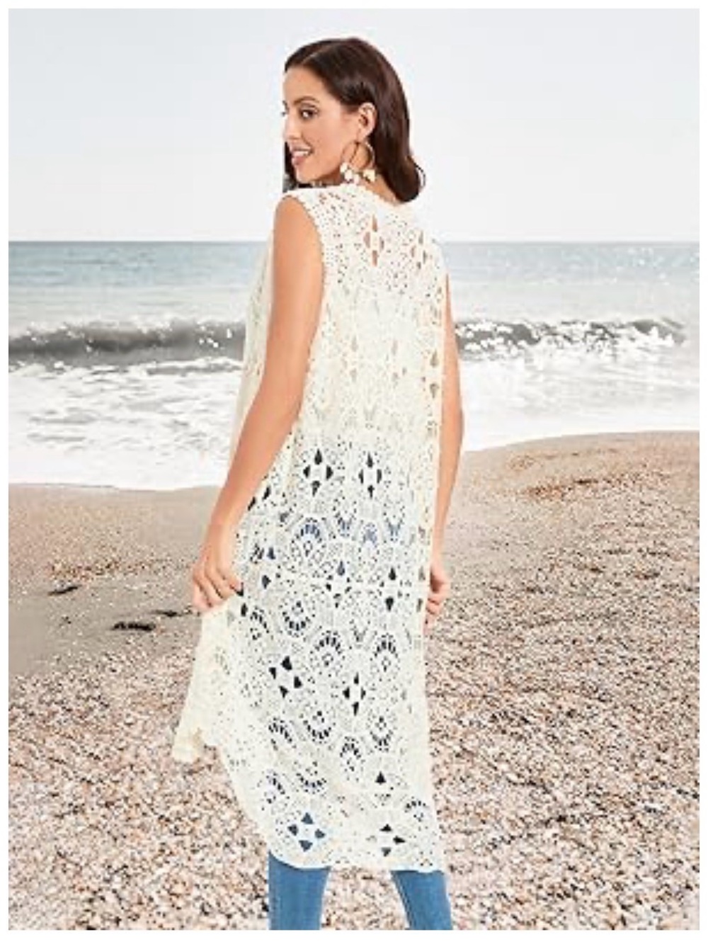 Women's Crochet Long Vest Sleeveless Lace Cardigan Hollow Out Kimino Cover Up